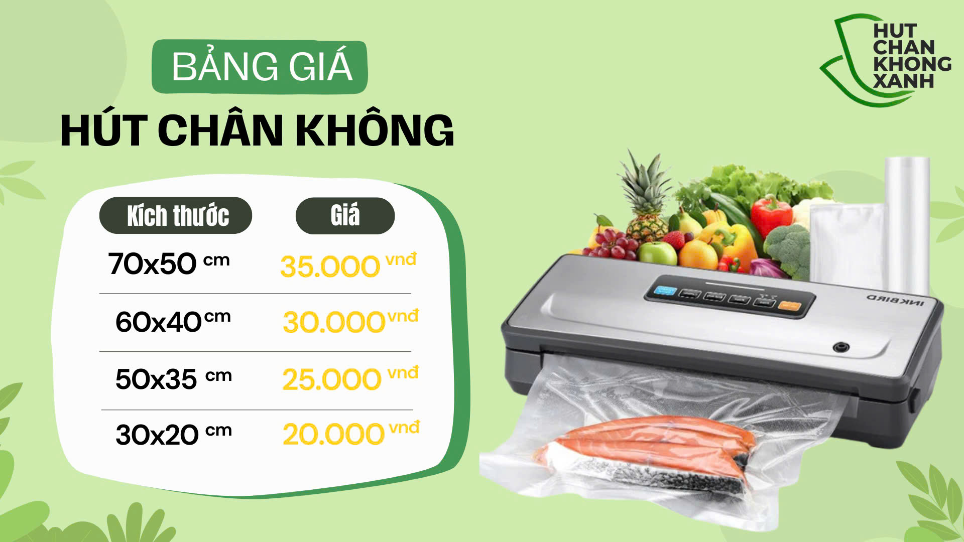 Bảng giá hút chân không tại Hút chân không xanh